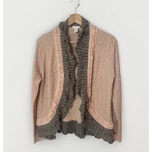 Chicos Wool Cardigan Ruffled Trim Textured Knit Open Classic Career Sweater Lg